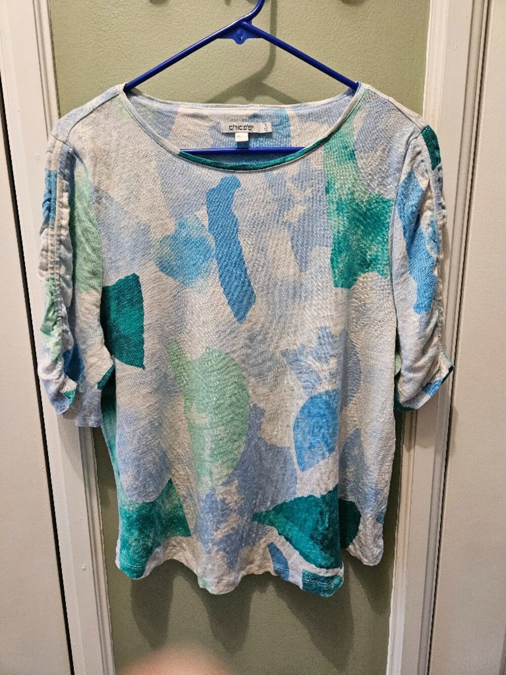 Chico's 100% Linen Short Sleeve Shirt Top XL Casual Relaxed Fit White Blue Green